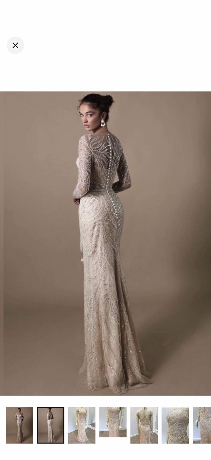 Tarik Ediz Beige Illusion Long Sleeve Beaded Sequin Mermaid Full-Length Gown