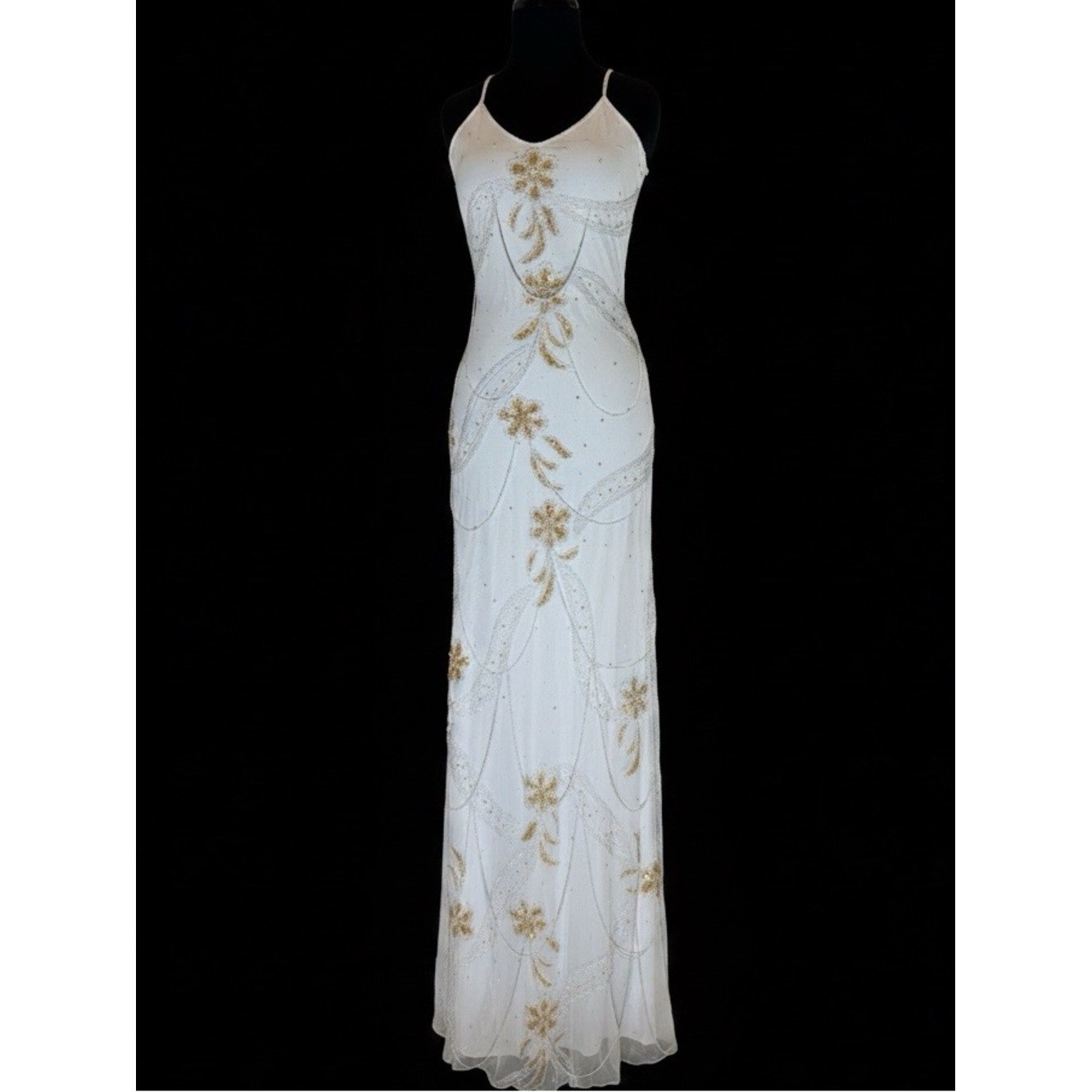 Elegant White hand Beaded Spaghetti Strap gown stretch, fabric stunning