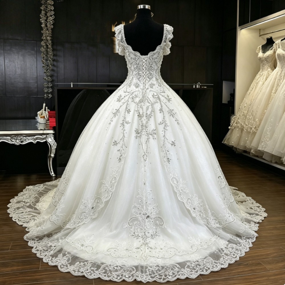 V-neck Crystal Beaded Lace Ball Gown Wedding Dresses Cap Sleeve Bridal Gown
