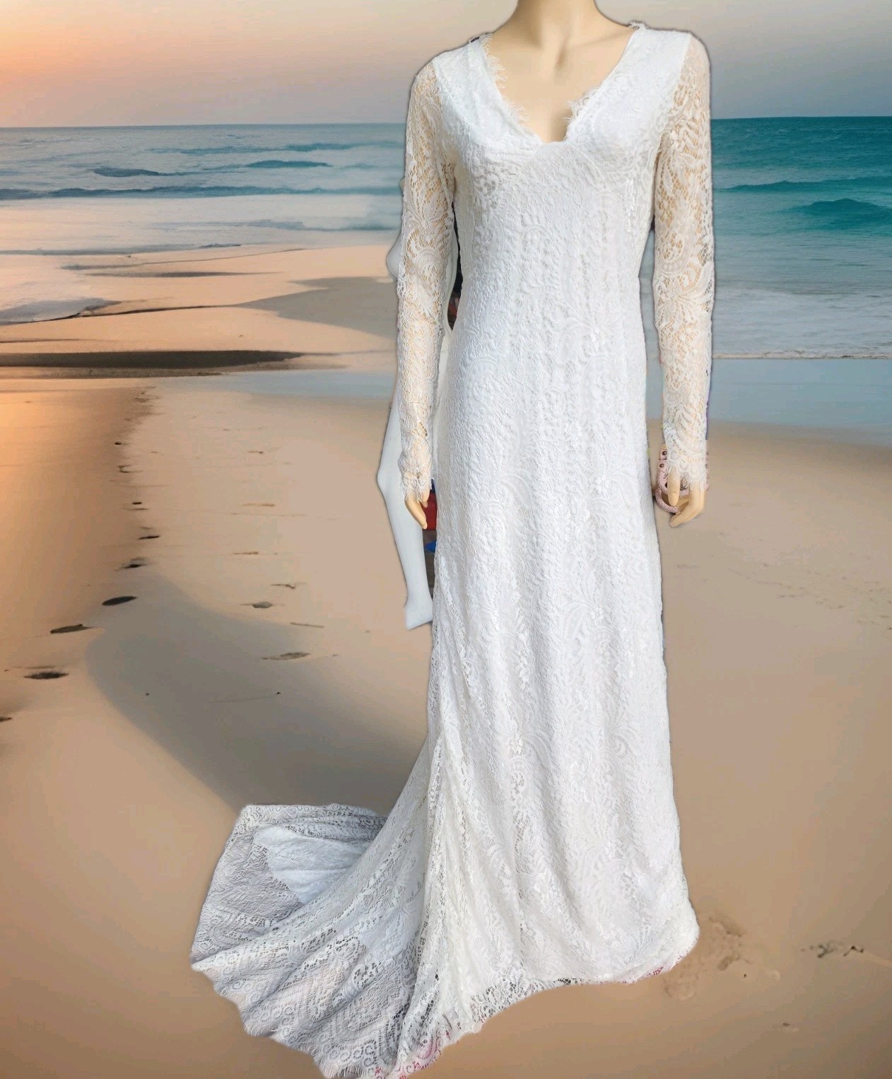 Yomoko All Lace Lined Beach Wedding Dress w Train Pregnancy Photo Boho Festival