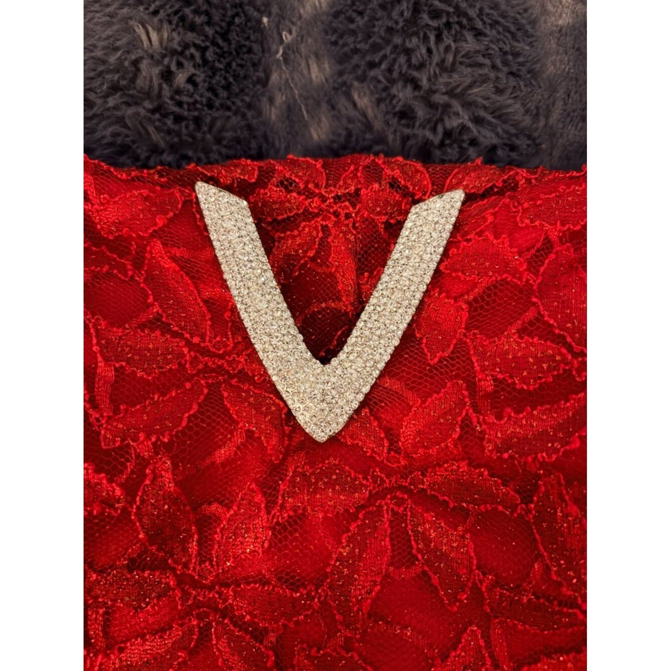 Red Lace Strapless Cocktail Wedding Guest Dress Rhinestone V Neck Juniors 13