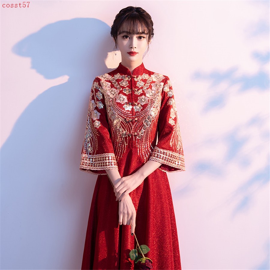 High-End Chinese Traditional Bride’s Wedding Dress Women’s Embroidery Cheongsam