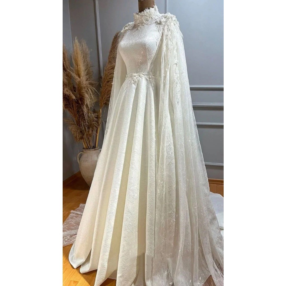 Vintage High Neck Wedding Dresses Lace Cape Textured Satin A Line Bridal Gowns