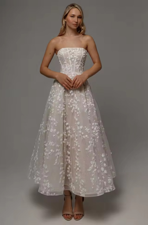 Lace Flowers Detachable Long Sleeves Wedding Dress Ankle-Length Glitter vestidos