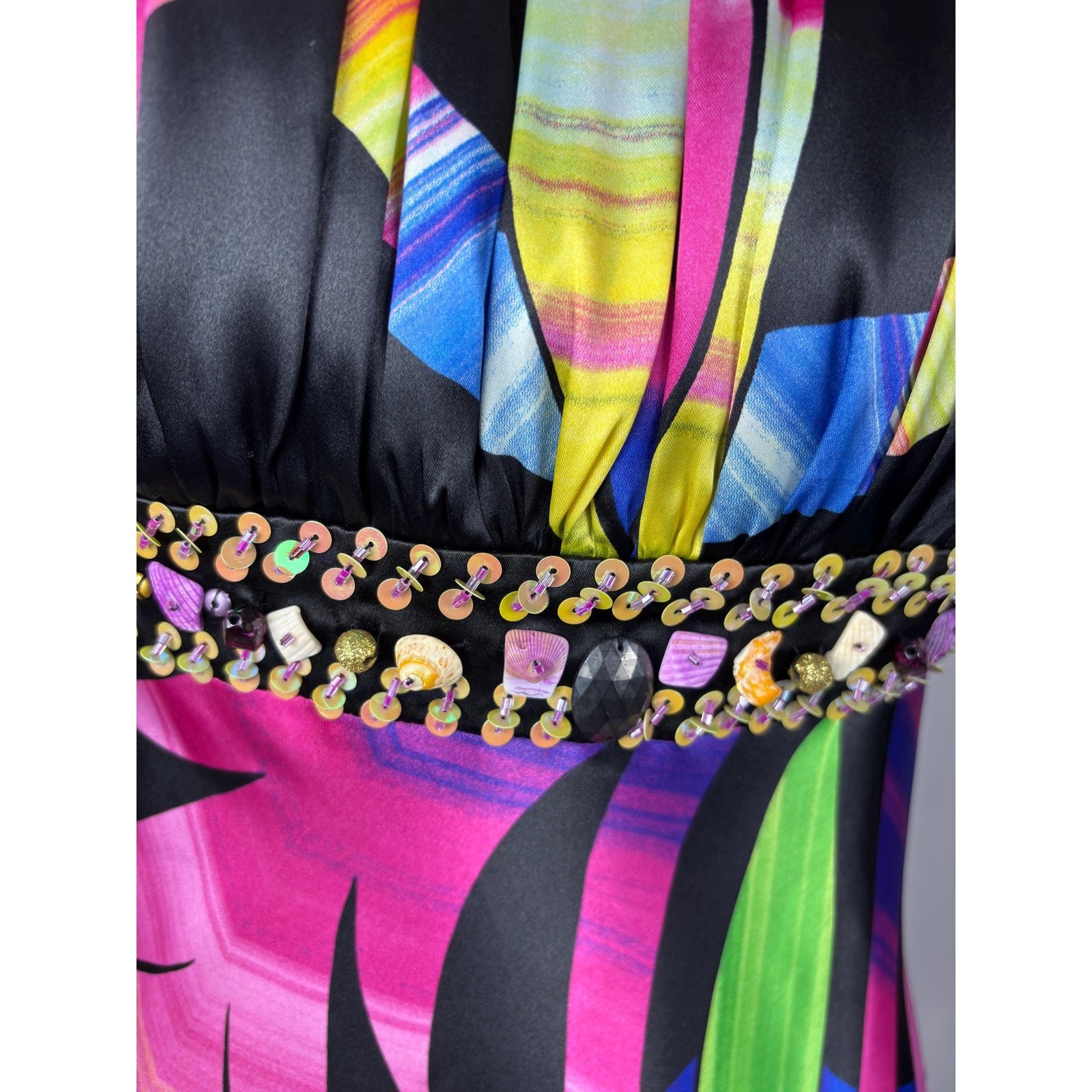 Vintage Y2K Tropical Halter Midi Dress with Sequins and Beads – Boho Resort Wear