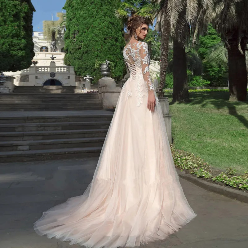 Wedding Dress Long Sleeves Appliques Lace Up Button Bride Gown A Line Plus Size