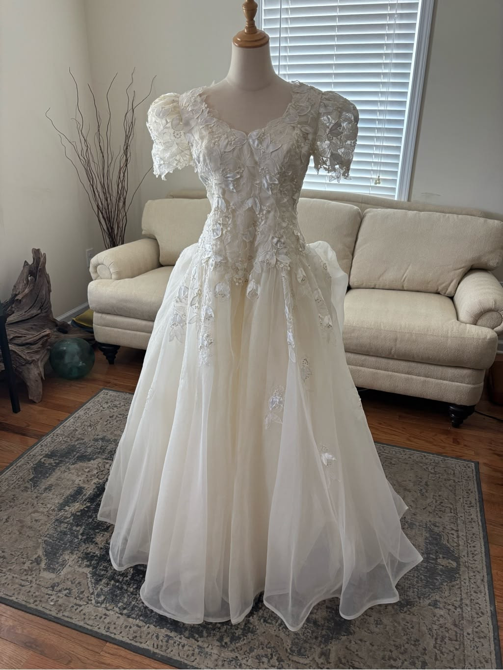 Romantic Wedding Dress Short Sleeve Lace Applique Sweep Tarin A Line Bridal Gown