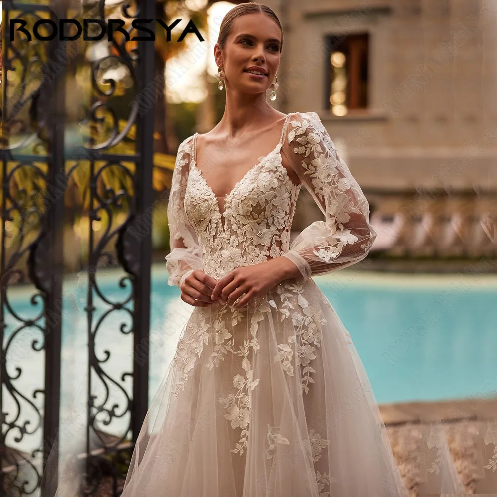 Tulle A Line Wedding Dress Lace Applique Backless Bride Gowns Sweep Train
