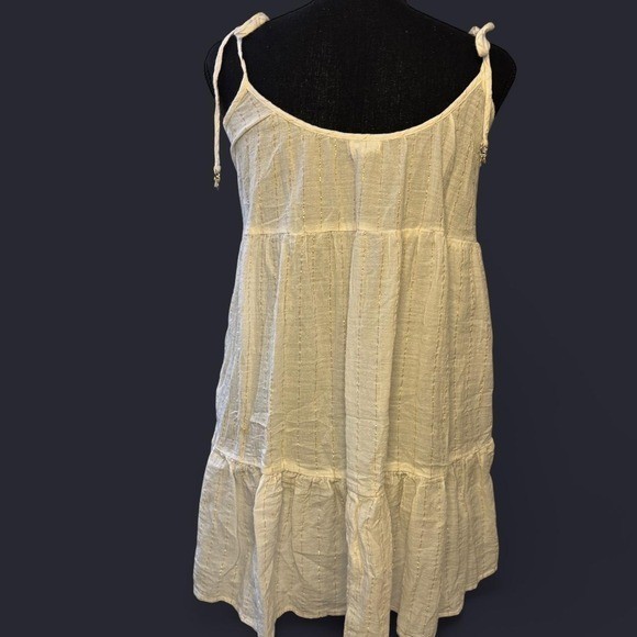 Aerie White Gold Metallic Stripe Tiered Babydoll Mini Dress Tie Strap XS