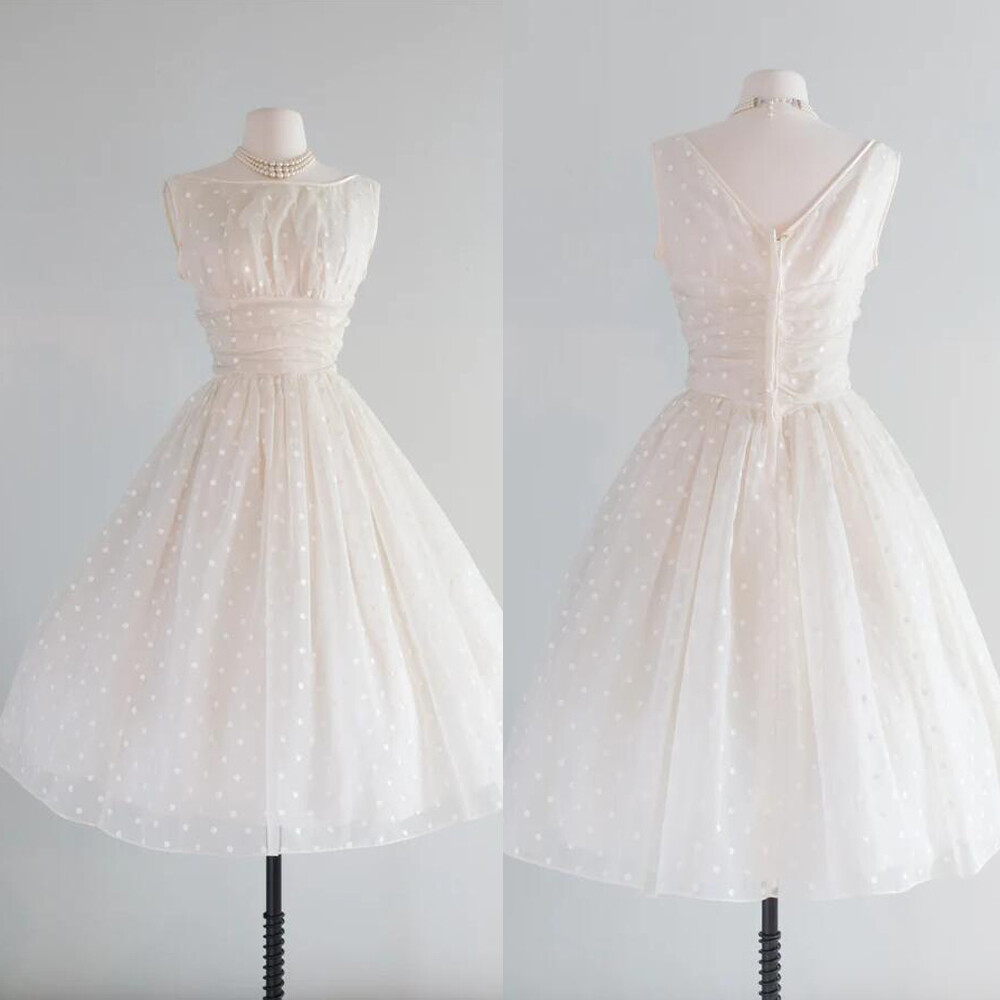 Vintage Wedding Dresses Tea Length Short Sleeves 1950s A Line Retro Bridal Gowns