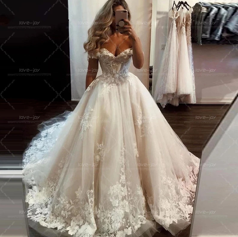 Wedding Dresses Off The Shoulder Lace Applique Sweep Train A-Line Bridal Gowns
