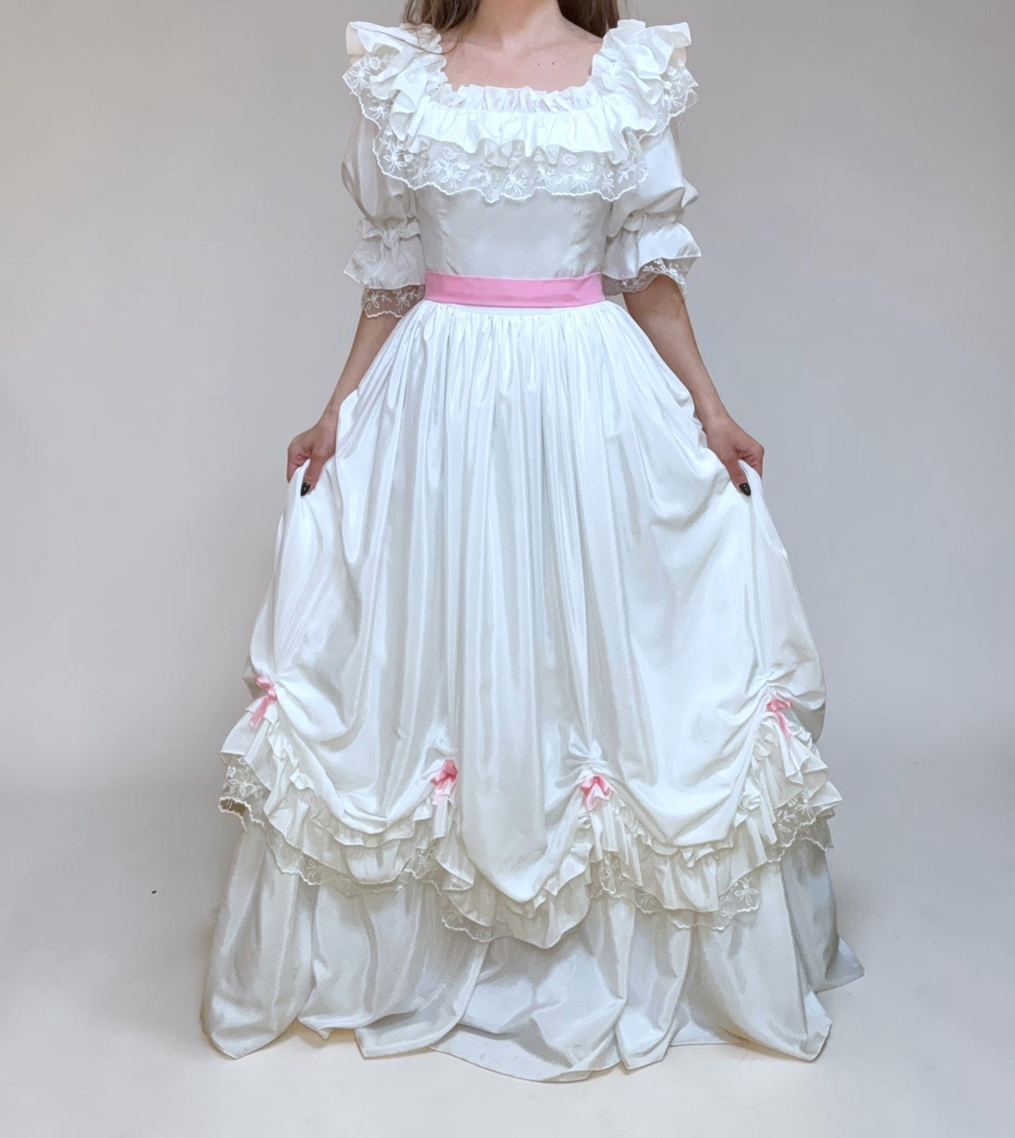 Victorian Vintage White Satin Wedding Dress Portrait Neck 3/4 Sleeve + Pink Bow