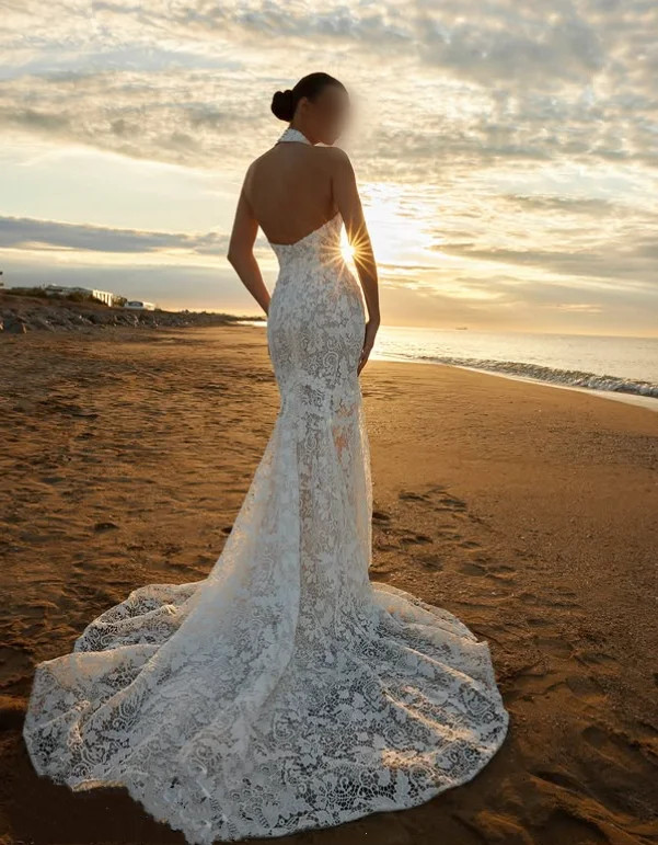 Boho Mermaid Wedding Dresses Halter Neck Sleeveless Lace Appliques Bridal Gowns