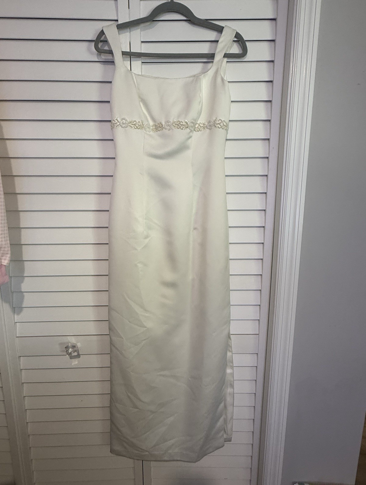 Loral Eleanor Ivory Satin Beaded Pearl Waist Square Neck Column Wedding Dress 8