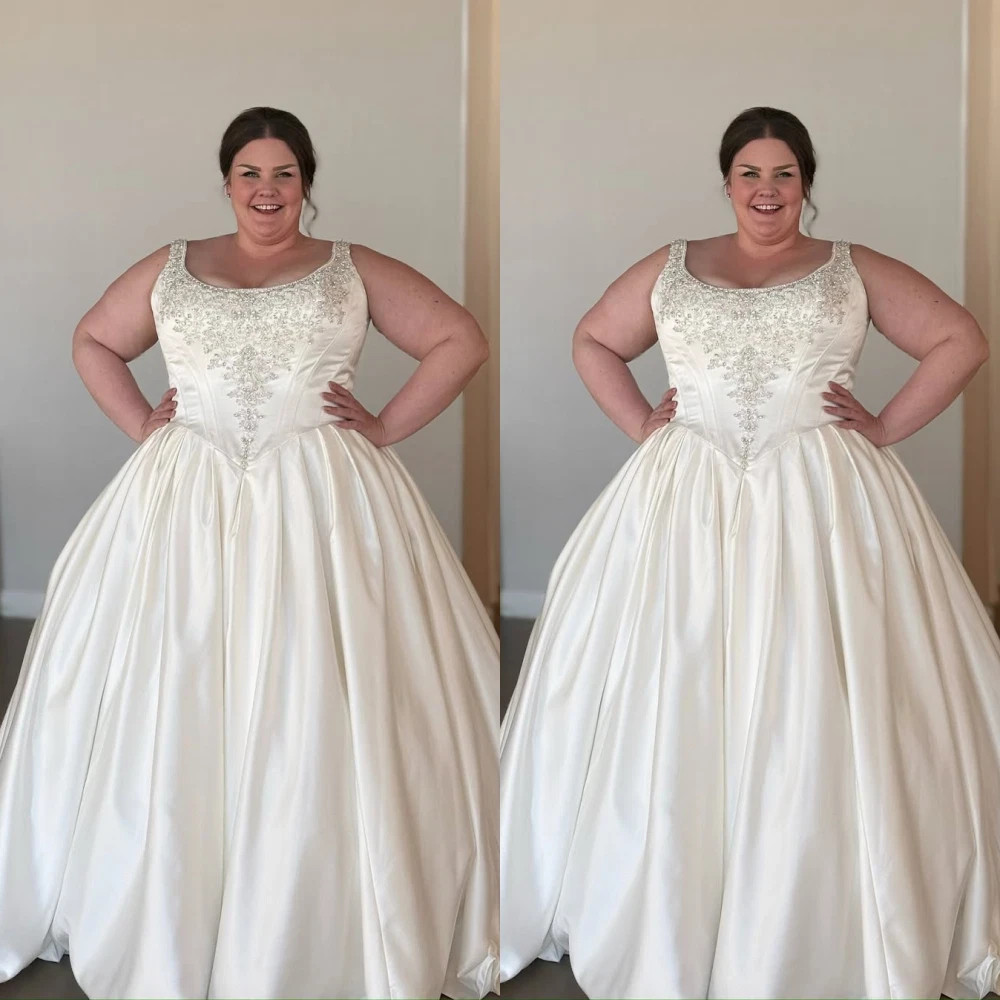 Plus Size Stain Wedding Dresses with Beading Square Neck Sweep Train Bridal Gown