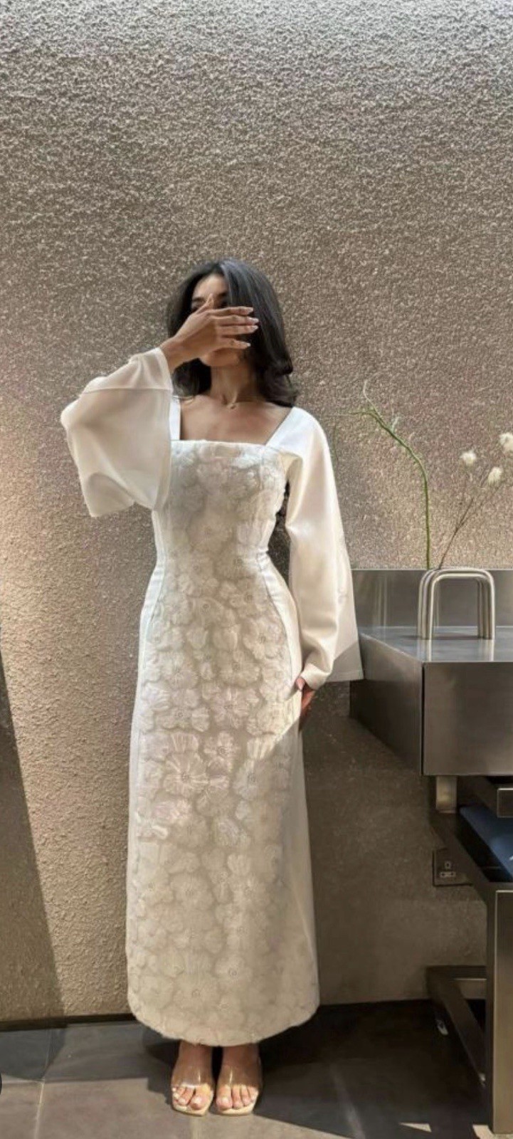 White Square Neck Long Sleeve Embroidered Beaded Sheath floral Graduation dress