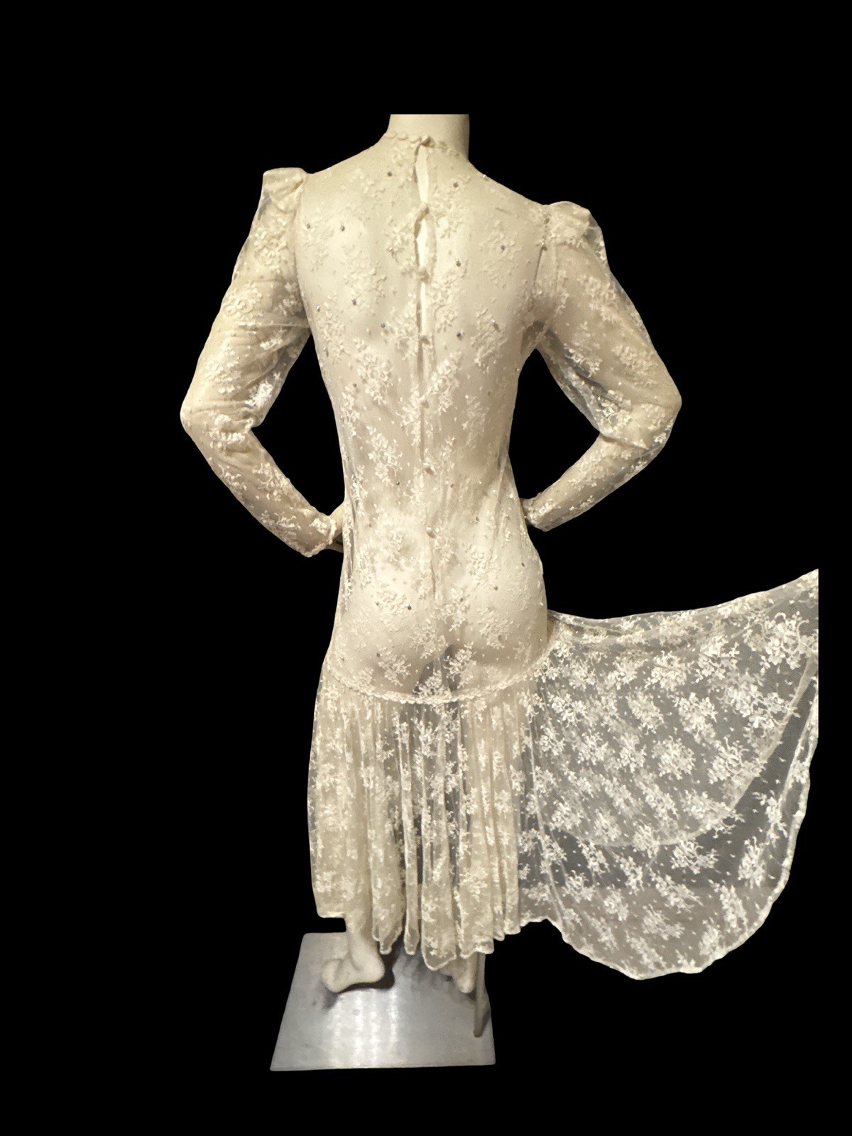 Vintage 80s Ivory Lace Dress Semi Sheer Tea Dress Edwardian Style Long Sleeve M