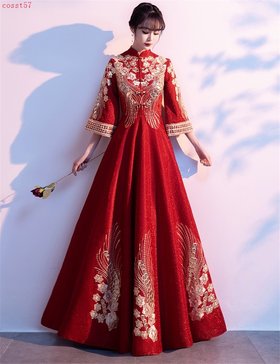 High-End Chinese Traditional Bride’s Wedding Dress Women’s Embroidery Cheongsam