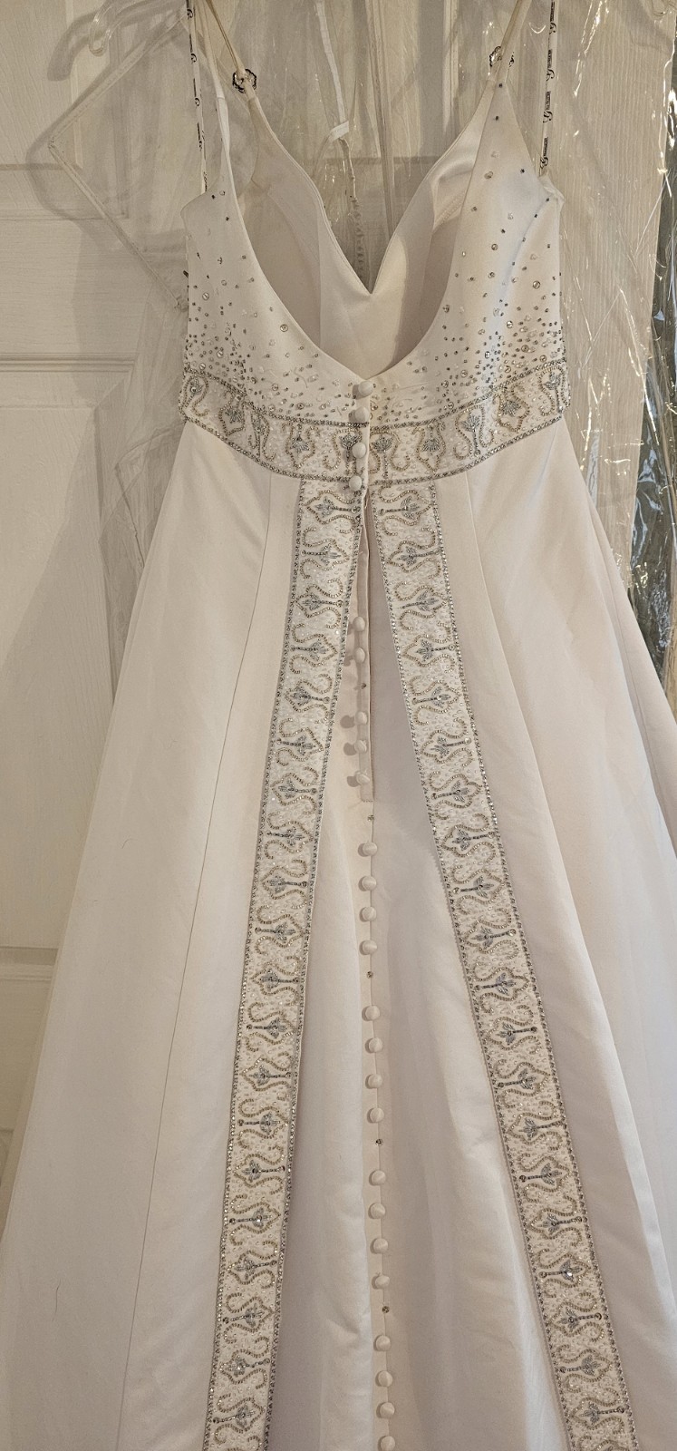 White Silver Ball Gown Wedding Dress Sleeveless V-Neck Beading Train Buttons