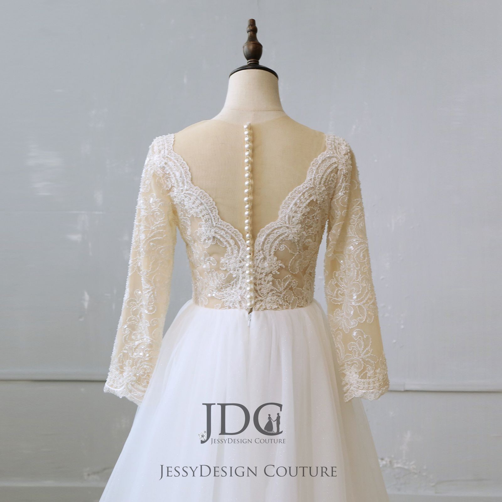 New Ivory Skin Glitter Wedding Dress Bridal Gown Long Sleeve Beaded Buttons A-Line