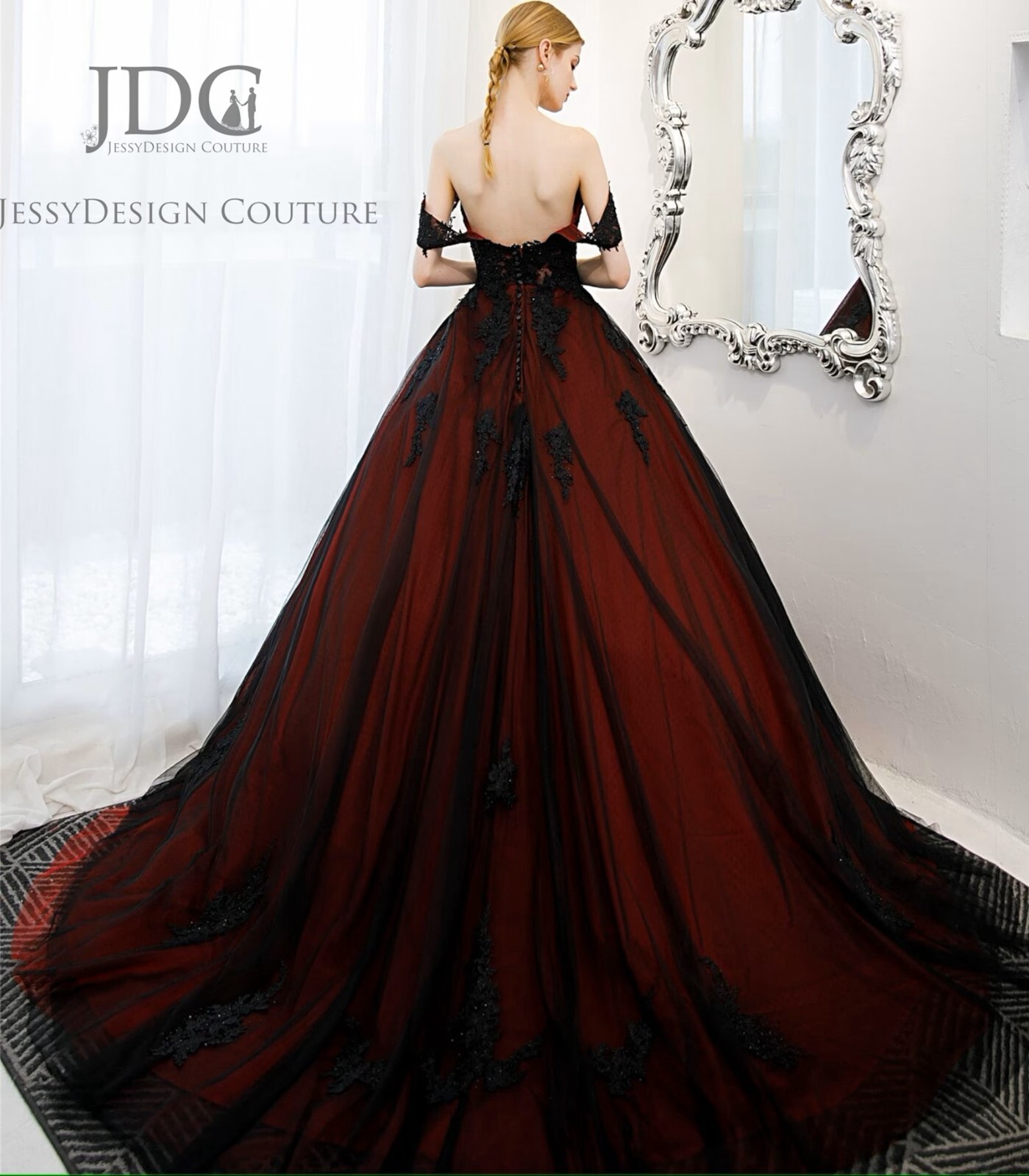 Colorful Burgundy Black Wedding Dress Bridal Gown Designer Custom made Corset