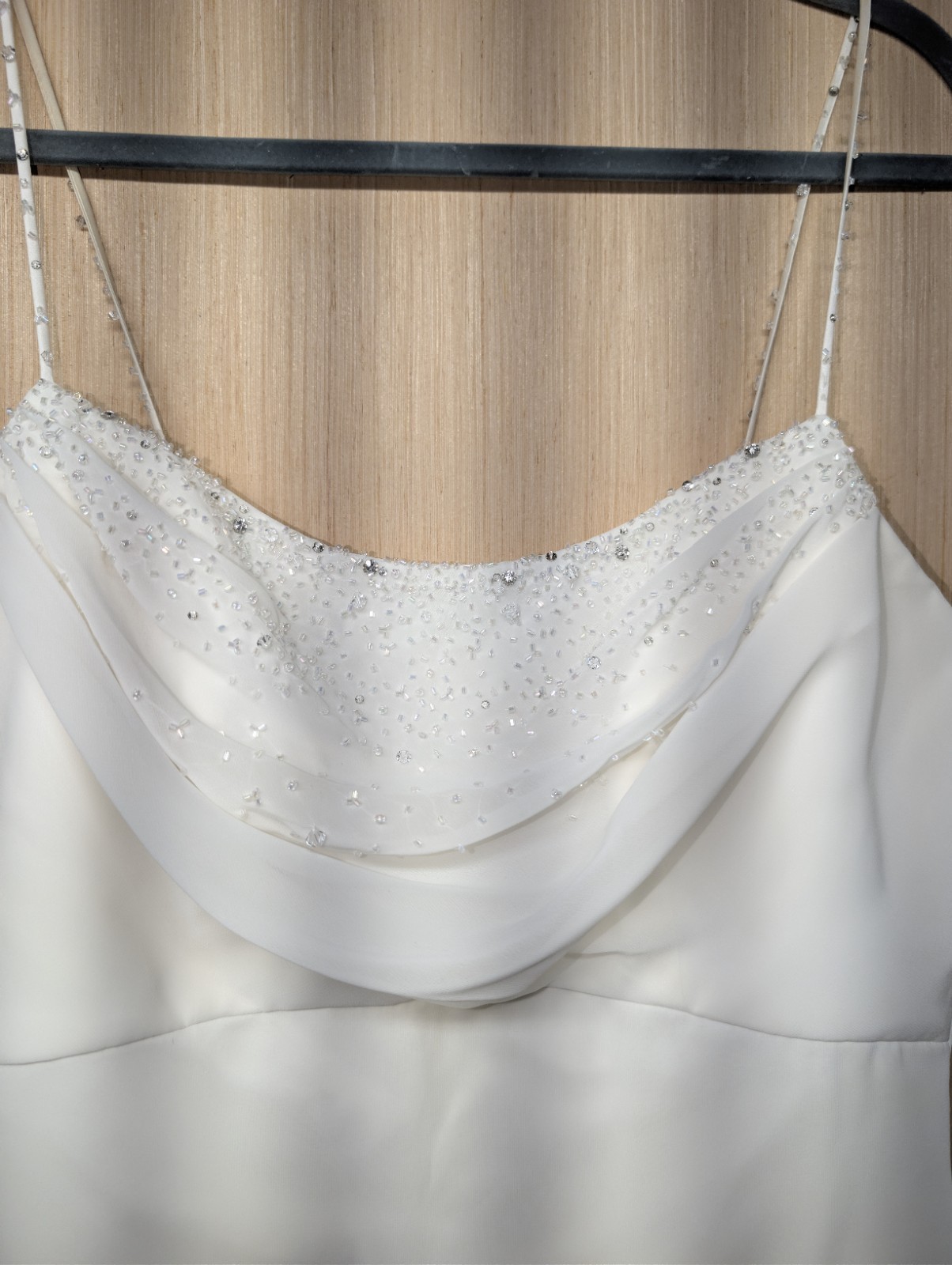 David’s Bridal Gown Galina Sz 12 Ivory Iridescent Beaded Cowl Neck Wedding Dress