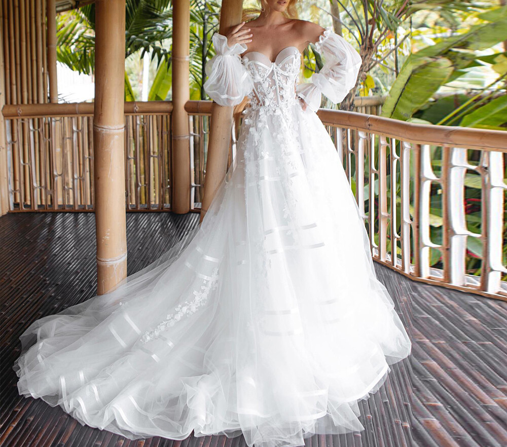 Elegant Wedding Dresses Lace Applique Full Sleeves Glitter Tulle Bridal Gowns