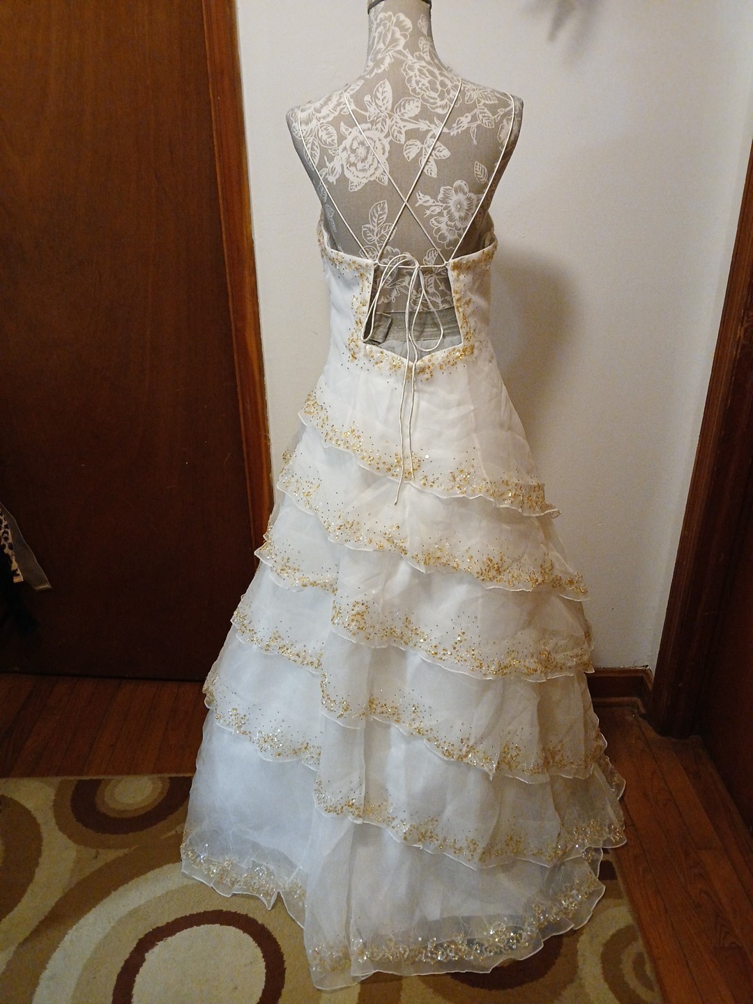 Jovani White Tiered Wedding Dress Size 12 With Gold Sequin Embellishments