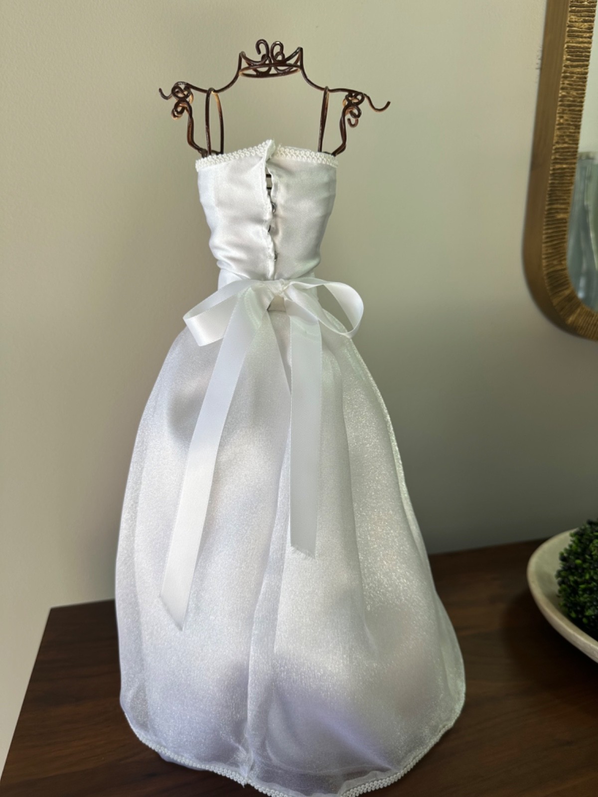 Miniature Wire Dress Form with Wedding Gown 16″