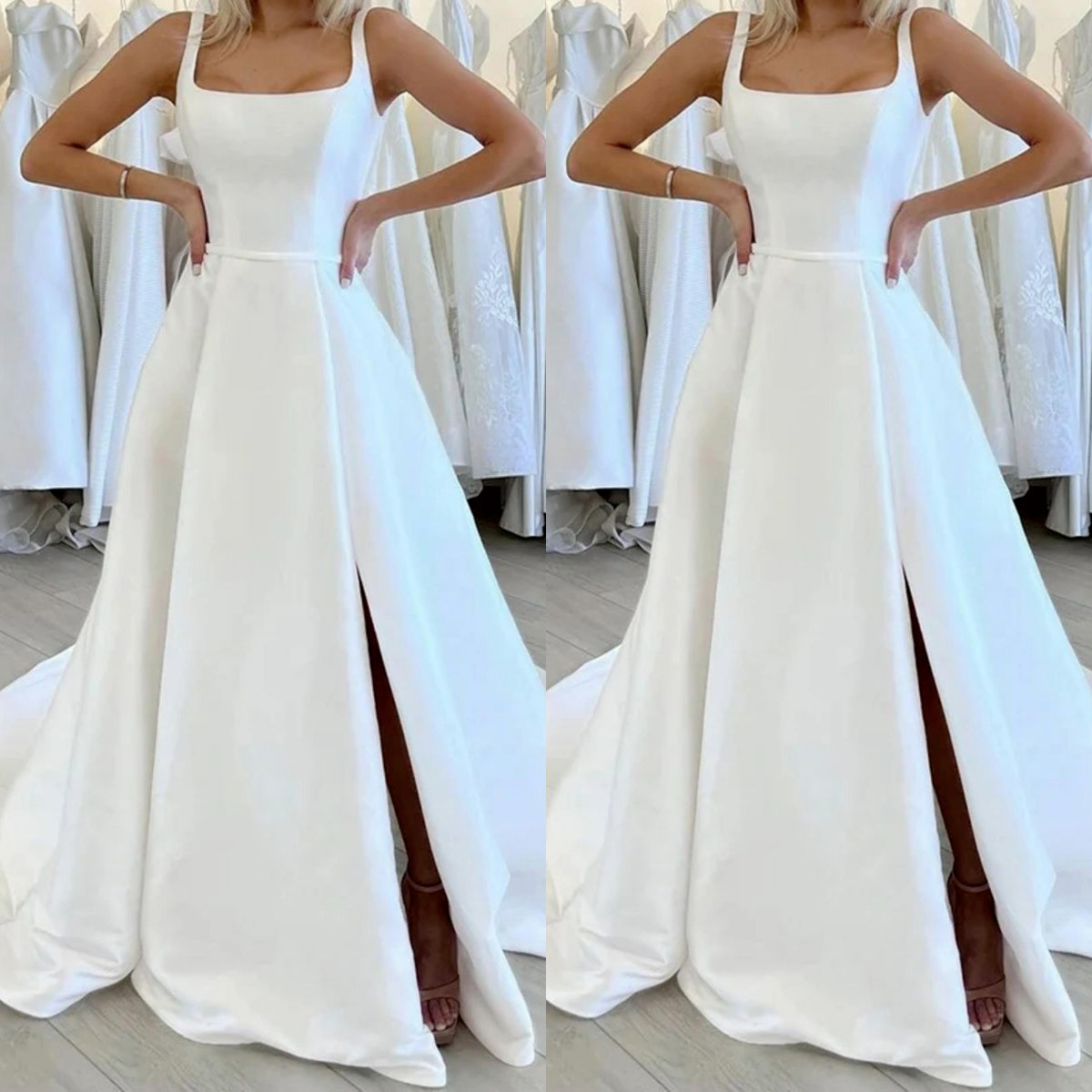 Satin Summer Wedding Dresses Square Neck Simple Straps Bridal Gowns with Slit