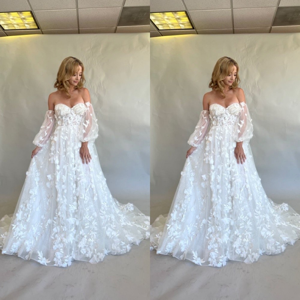 Boho Wedding Dresses With Long Sleeves Lace Applique A Line Beach Bridal Gown