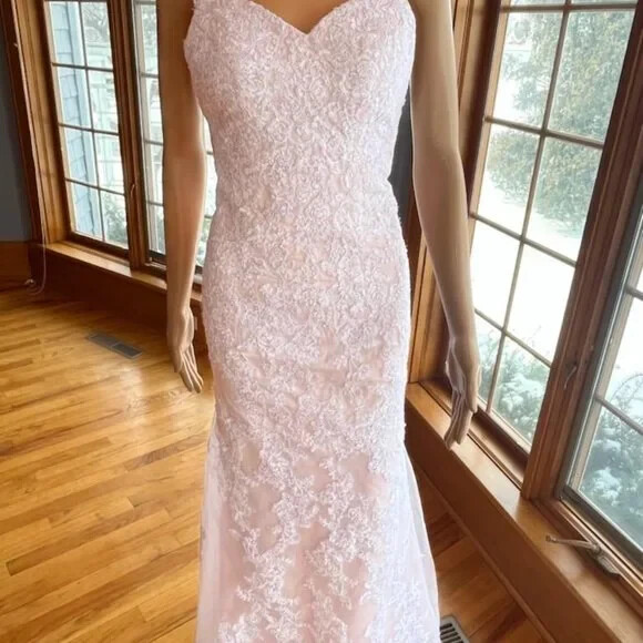 * Pink Spaghetti Strap White Lace Flared Wedding Gown Bridal Dress Size 4 6