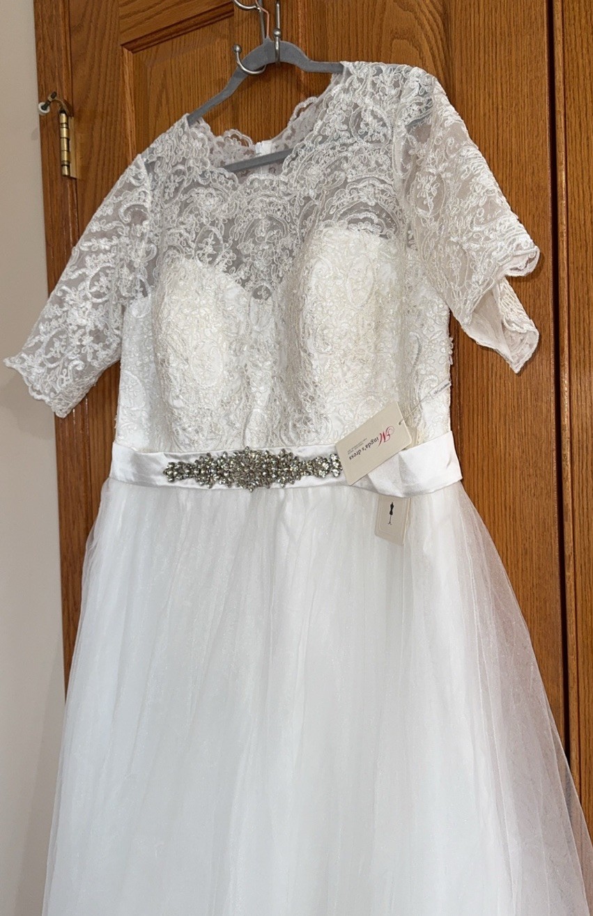 Bride Wedding Dress Plus Size 14W Modern Mingda Embellished Lace White Gown -NWT