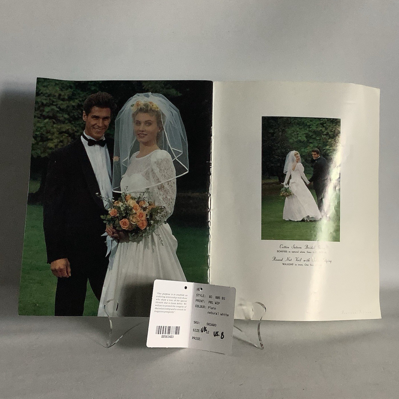MINT Vintage 1992 Laura Ashley Cotton Sateen Wedding Dress with Veil & Catalog