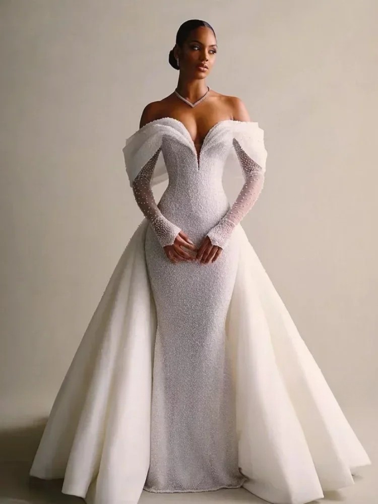 Luxury Mermaid Wedding Dresses Lace Sequins with Train V Neck Full Sleeve