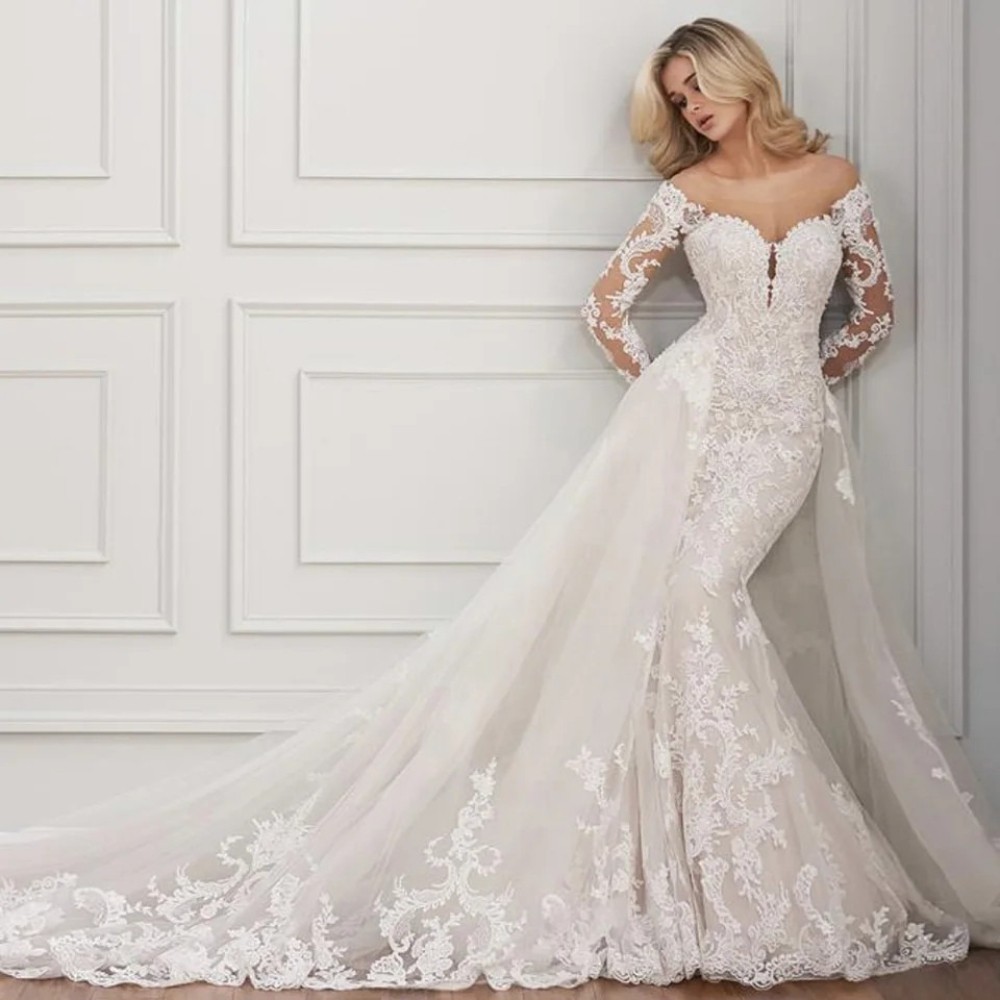 Custom O-Neck Appliques Crystal Long Sleeve Wedding Dresses Mermaid Floor Length