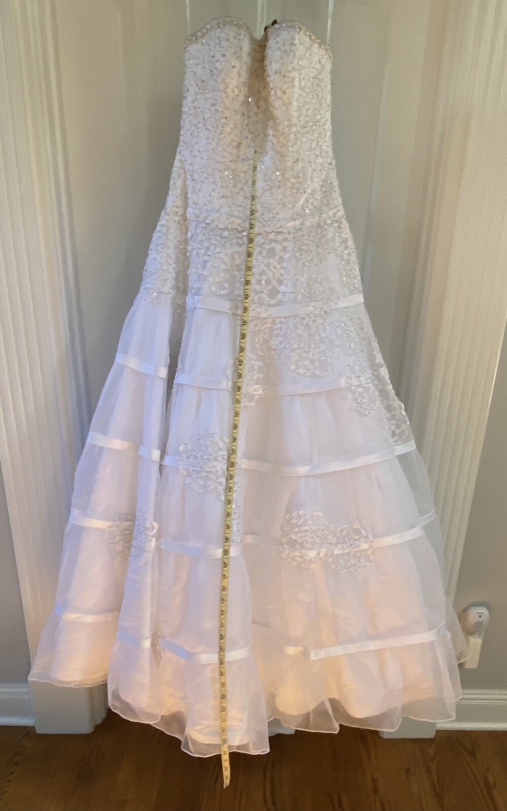 Oleg Cassini White Wedding Dress CWG344 Strapless Beaded Ruffle Satin Tulle Sz 2