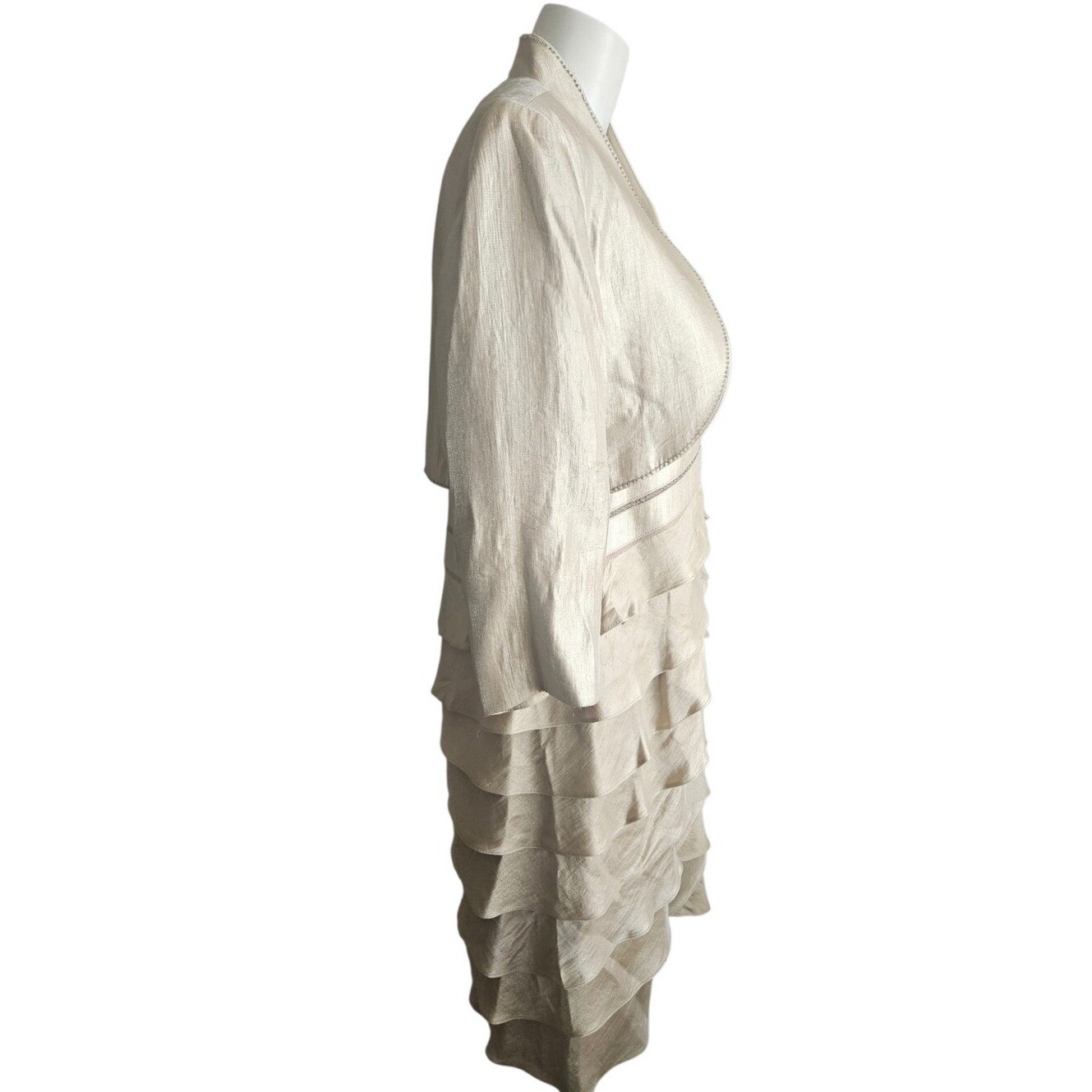 Adrianna Papell Champagne Beaded Tiered Ruffle Sheath Dress 12 Wedding Formal