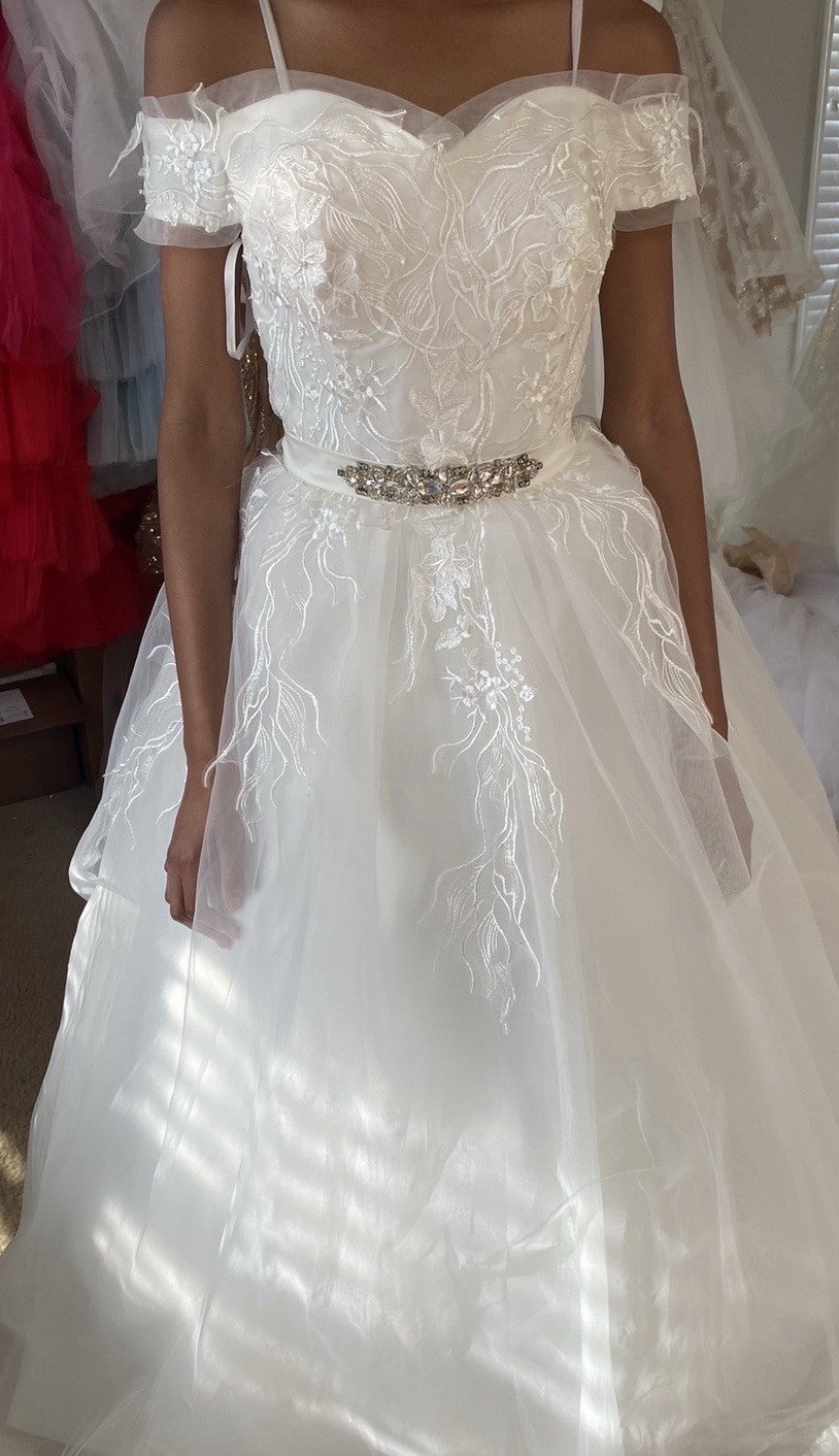 Handmade White Off-Shoulder Embroidered Beaded Ball Gown Wedding Dress S