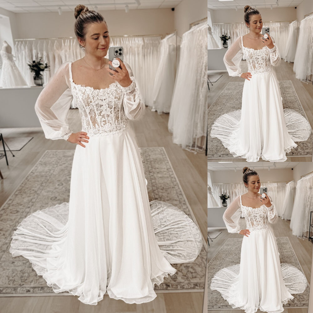 Long Sleeves Wedding Dresses Chiffon Square Neck Lace Sweep Train Bridal Gowns