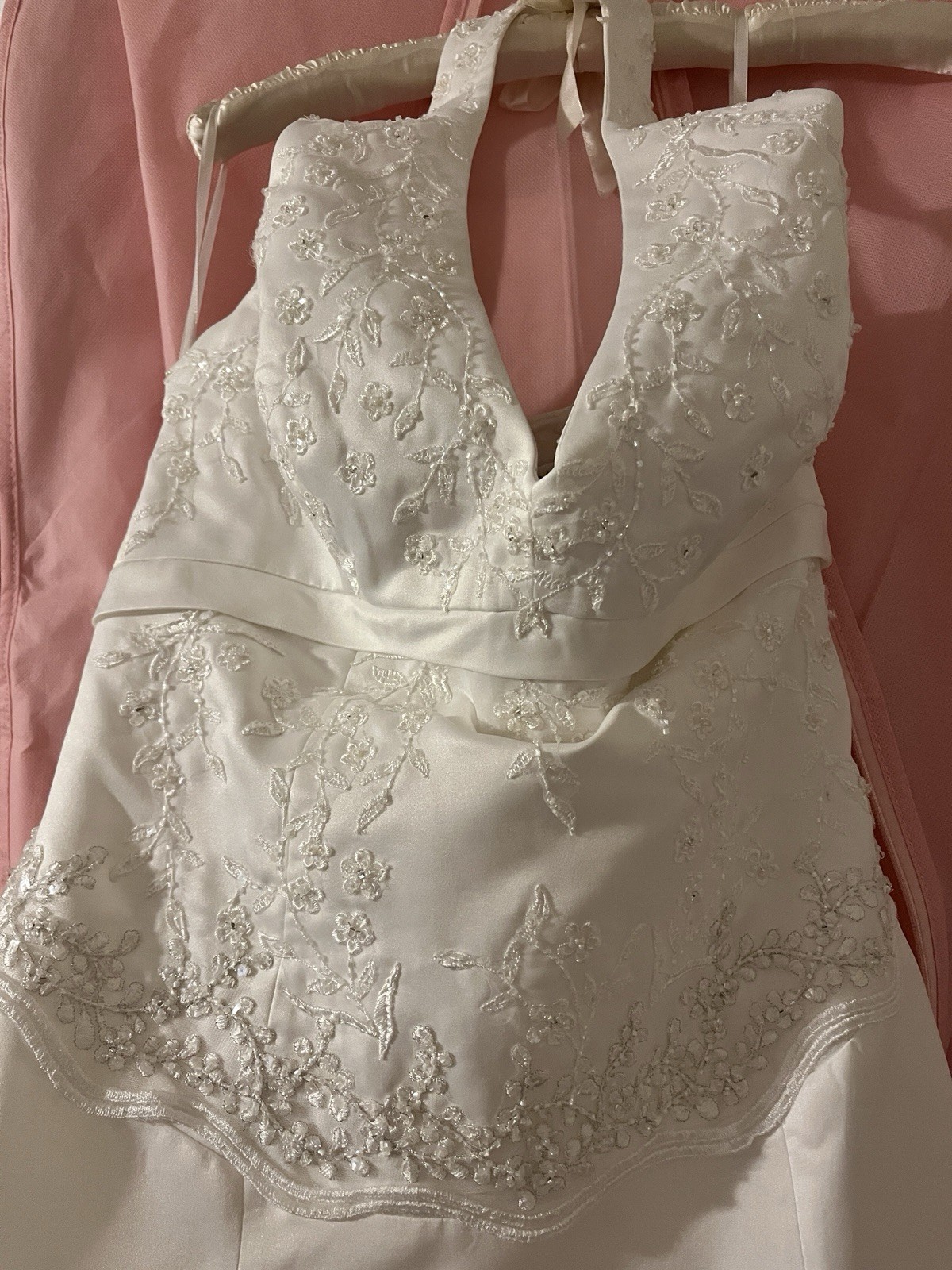 Short brides! Eden Bridals Halter V-Neck Beaded A-line Train Dress Sz 14 altered