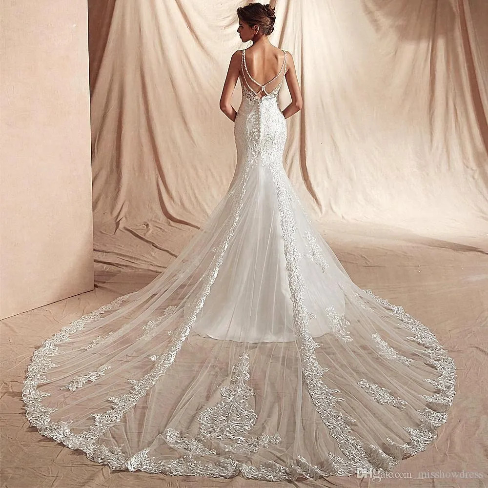 Sexy Lace Mermaid Beach Wedding Dress Spaghetti Straps Applique Boho Bridal Gown