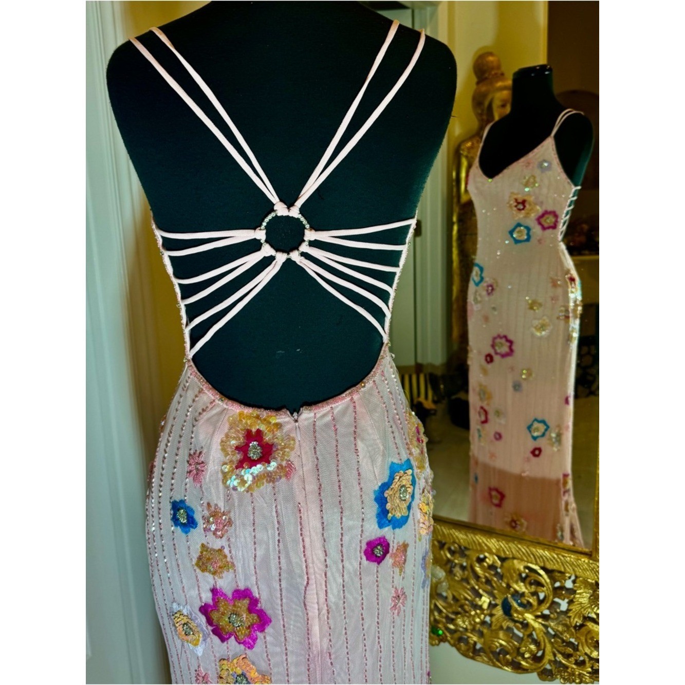 Sleeveless Pink hand beaded Floral with rhinestones Dress. On stretch fabric.