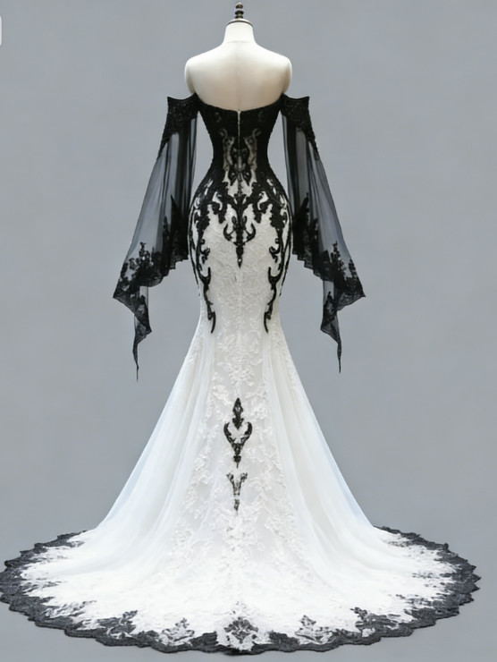 Black And White Gothic WeddingDress Cap Sleeve Lace Mermaid Bohemain BridalDress