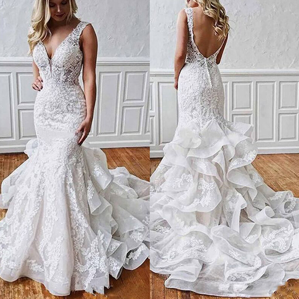 Sexey Mermaid Applique Wedding Dresses Ruffled Train V Neck Backless Bridal Gown