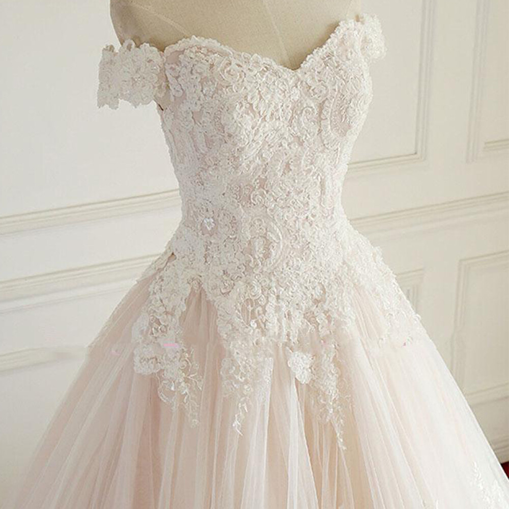 Off Shoulder Lace Ball Gown Champagne Tulle Long Train Wedding Bridal Dresses
