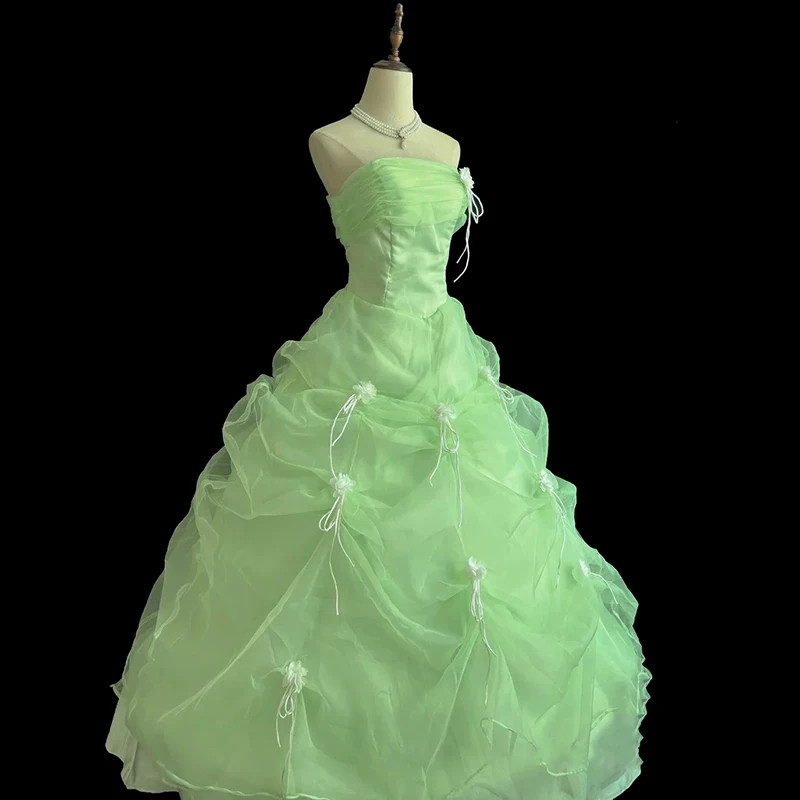 Princess Grass Green Lace Strapless Sleeveless Beading White Flower Bow Ruffles