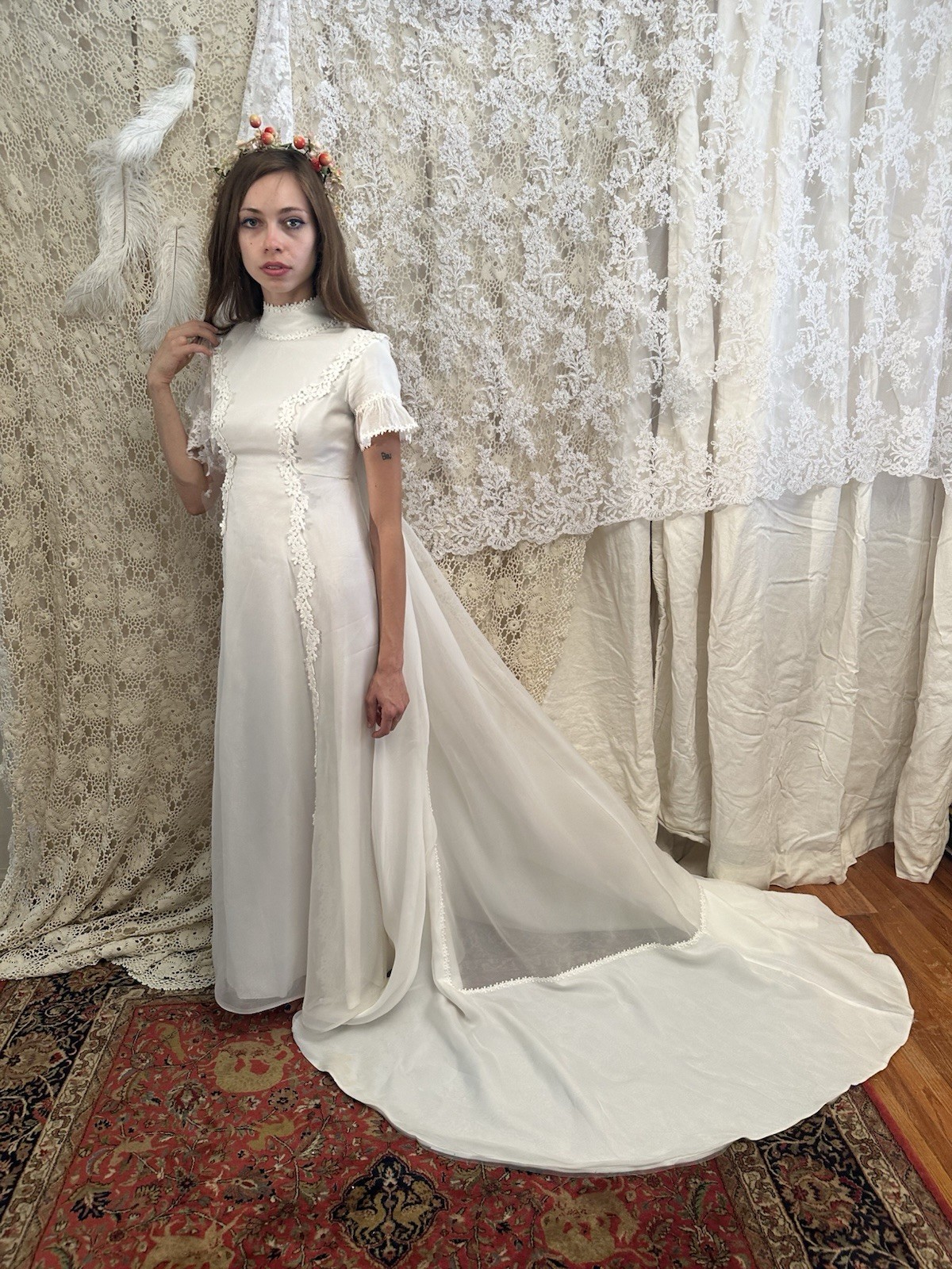 Vintage 1960s Restored White Lace High Neck Short Sleeve A-Line Wedding Dress
