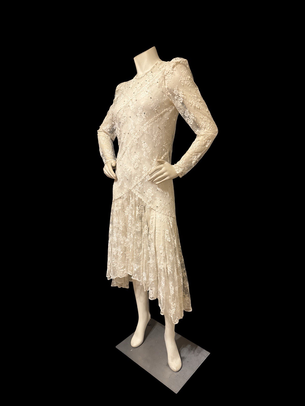 Vintage 80s Ivory Lace Dress Semi Sheer Tea Dress Edwardian Style Long Sleeve M