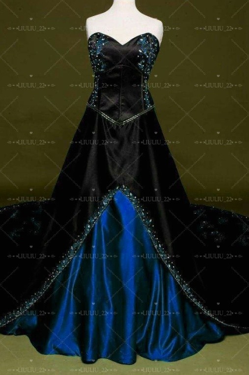 Gothic Black and Green Satin Wedding Dresses Sweetheart Embroidery Bridal Gowns